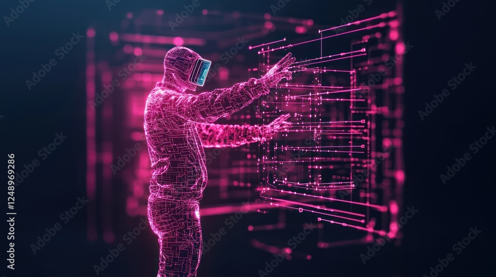 Poster a digital representation of a person interacting with a holographic interface, showcasing the fusion