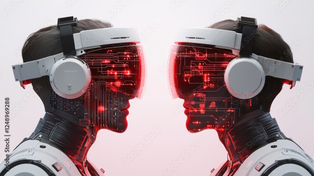 Poster two futuristic robotic heads face each other, featuring illuminated circuits and headphones, symboli