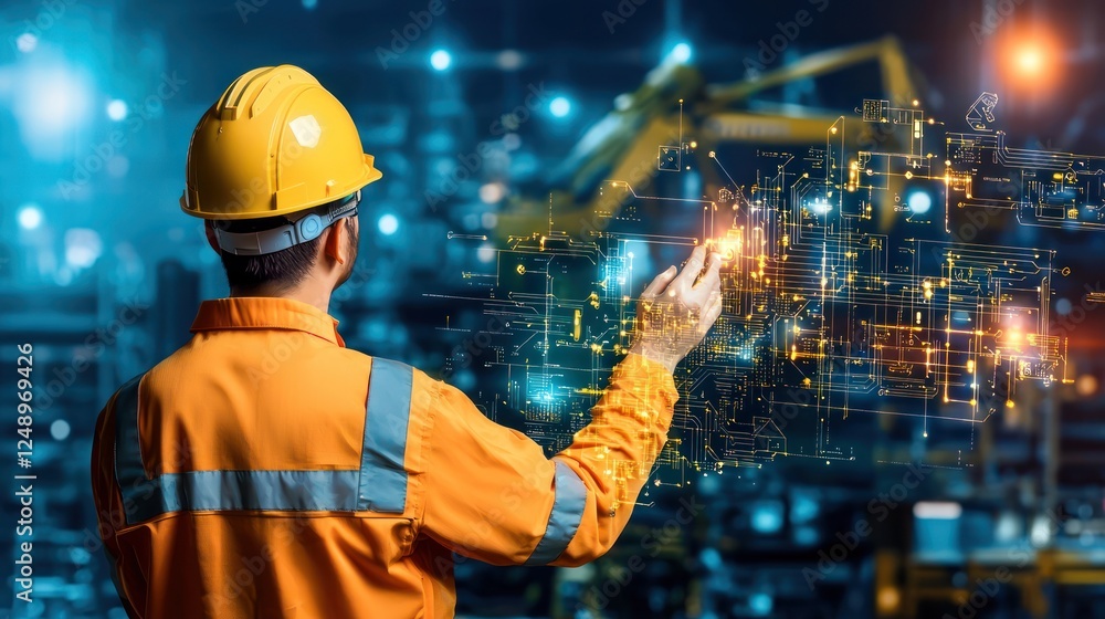 Poster a construction worker in an orange uniform and hard hat interacts with digital data in a futuristic 