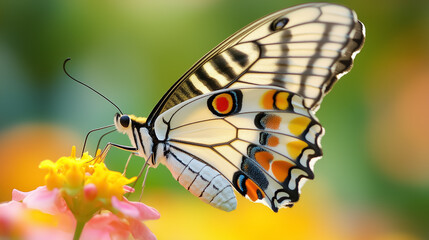 A butterfly sips nectar from a pink blossom in a colorful garden filled with vibrant flowers and greenery, showcasing the beauty of nature