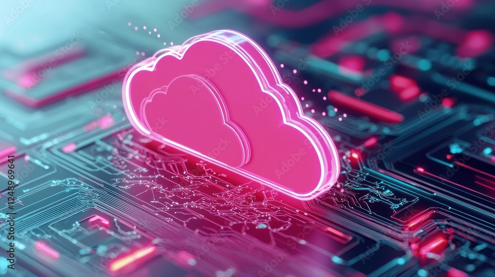 Poster a vibrant digital cloud icon surrounded by circuitry, symbolizing modern technology and cloud comput