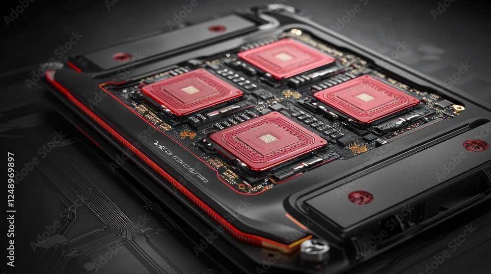 Poster a close-up view of a high-tech circuit board featuring four red processors, showcasing intricate det