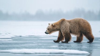 Obraz premium Wild brown bear walking on frozen lake in cold arctic winter morning mist while hunting for prey
