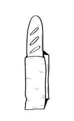 Baguette in a paper bag doodle icon. Bread, pastry, flour product icon for menu design or cafe. Isolated on a white background.