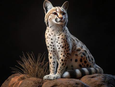 Serval wild cat spotted feline predator sitting alert on rock in nature wildlife portrait studio photograph