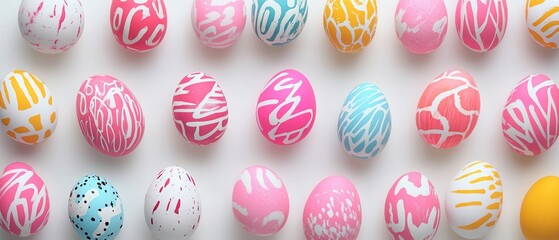 A detailed close-up of a collection of vibrantly painted eggs arranged on a clean white surface, showcasing intricate designs and colors.