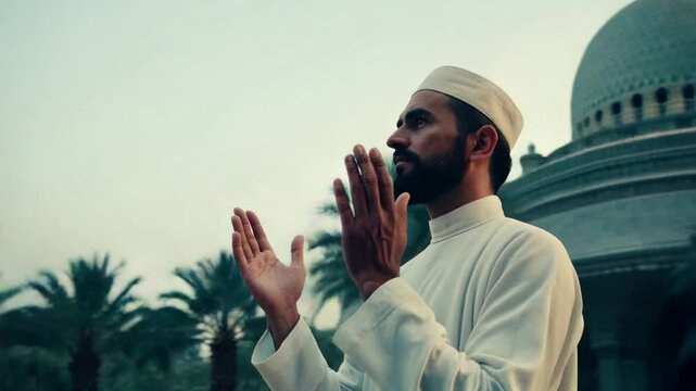 Young man in traditional attire passionately Azan near a mosque