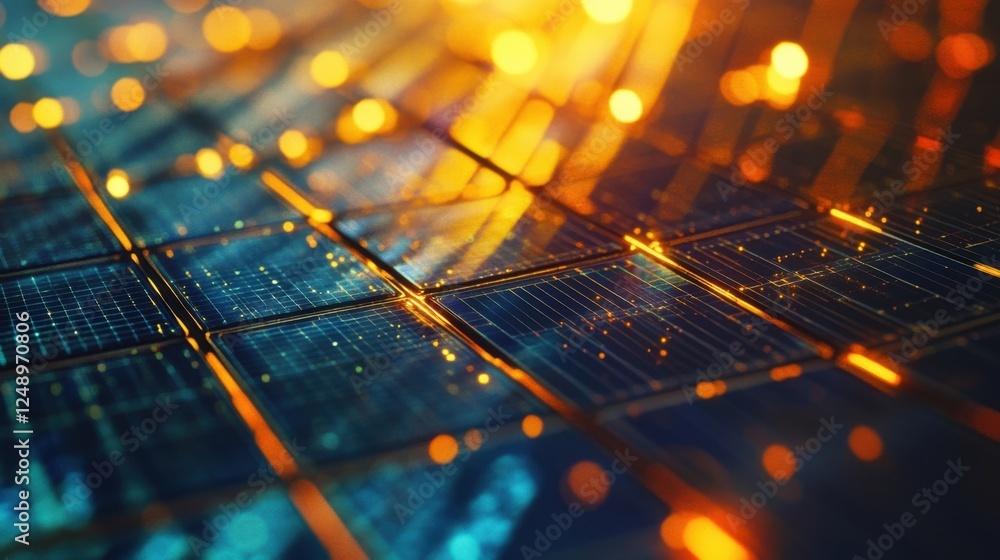 Poster abstract visualization of a circuit board illuminated by vibrant orange and blue lights, symbolizing