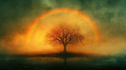 Fototapeta premium Solitary tree, rainbow, foggy field, sunset, hope