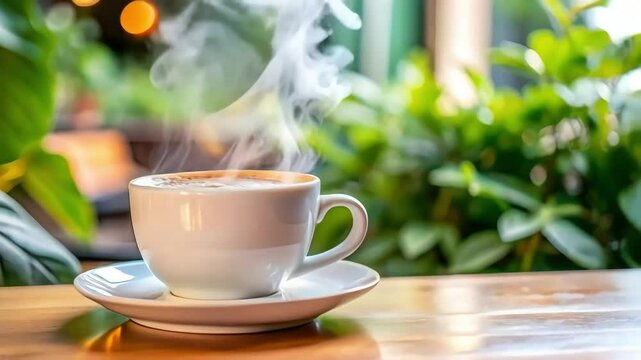 Steaming coffee cup in tranquil garden setting with rising steam