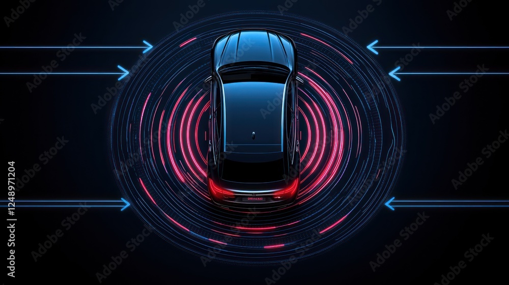 Poster a sleek car surrounded by digital signals and circular patterns, suggesting advanced technology and 