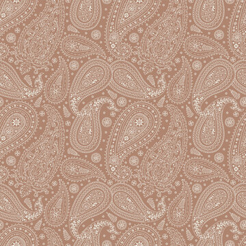 Monohcrome brown and white seamless pattern with Paisley motifs. Traditional indian repeat design. Mughal abstract background