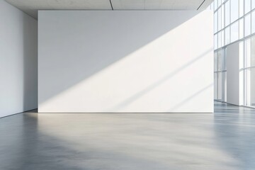 Obraz premium Sunlit modern gallery interior, blank wall, large window, presentation