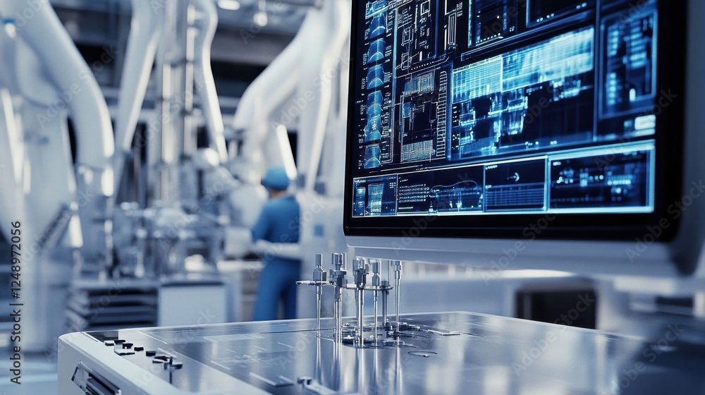 Poster cutting edge laboratory showcasing advanced robotics and a high tech computer interface. the scene h