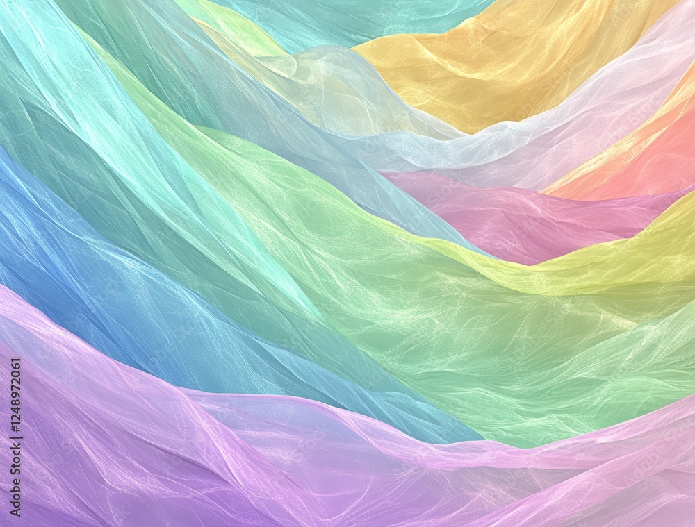 Poster abstract rainbow colored translucent fabrics with soft, wavy folds, creating a textured, pastel grad