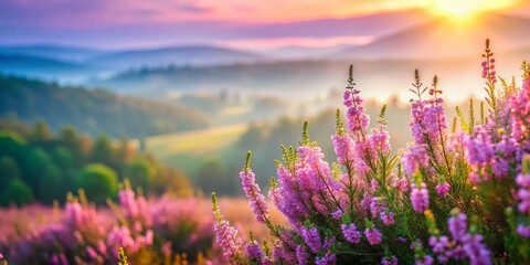 Fototapeta premium Blooming Heather Flowers Double Exposure Background - Purple Nature Photography