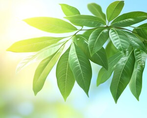 Obraz premium Sun-Kissed Leaves on a Branch Close-Up of Vibrant Green Foliage Against a Clear Spring Sky