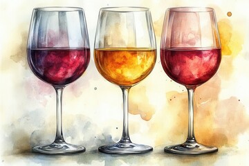 Naklejka premium three artistic wine glasses illustrated in clip art style set against a white background featuring a blend of red pink and yellow watercolor for a playful touch