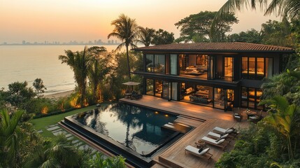 Fototapeta premium Luxury Beachfront Villa at Sunset: Modern Architecture Meets Tropical Paradise