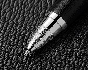 Close-up view of black leather pen tip