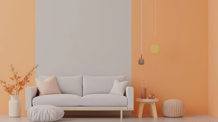 Fototapeta premium Minimalist living room interior with a grey sofa. peach and grey walls. and wooden side table