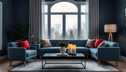 Beautiful home corner style with dark blue and red pillow coffee table with modern lamps style, hyperrealism. with white shades