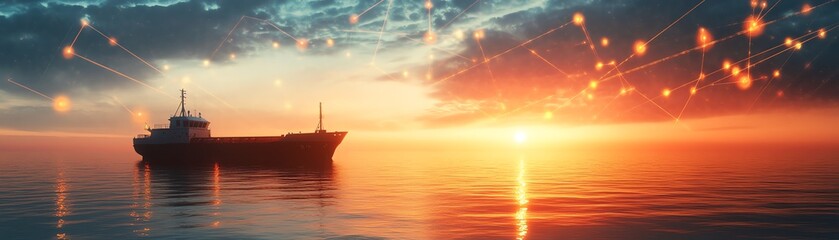 Obraz premium A cargo ship at sea during sunset, surrounded by digital network lines and security symbols, symbolizing cybersecurity protecting maritime operations, glowing horizon