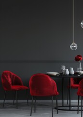 Modern dining room with red velvet chairs and a dark grey wall