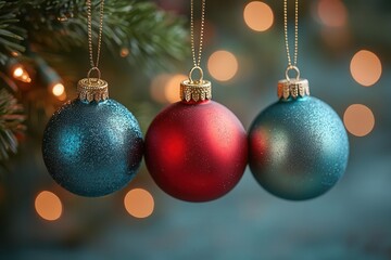 Obraz premium three colorful christmas ornaments hanging from delicate strings displayed on a festive table radiating joy and celebration perfect for capturing the spirit of the holiday season