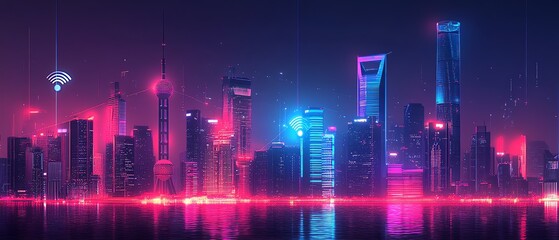 A city skyline with digital network lines and floating wifi symbols, representing digital infrastructure, modern skyscrapers, neon glow, urban connectivity