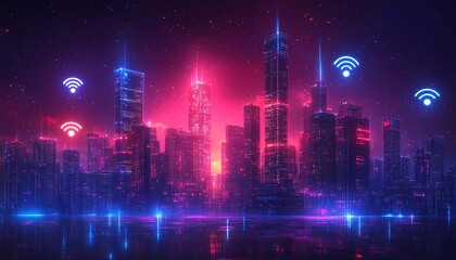 A futuristic city skyline with digital network connections and floating wifi symbols, illustrating smart city technology and connectivity, sleek design, glowing accents