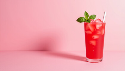 Refreshing raspberry lemonade with ice and mint on pink backdrop, summer vibes
