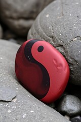 Red Yin Yang Painted Rock Surrounded by Smooth Gray Stones