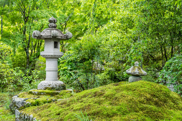 Beautiful scenic tranquil landscape from a japanese garden on the grounds of Tenryu-ji temple, Arashiyama Kyoto.