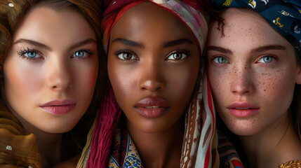 Fototapeta premium Close-up portrait of multi-ethnic, multicultural young women with different skin types posing for the camera. Banner for the International Day of Tolerance