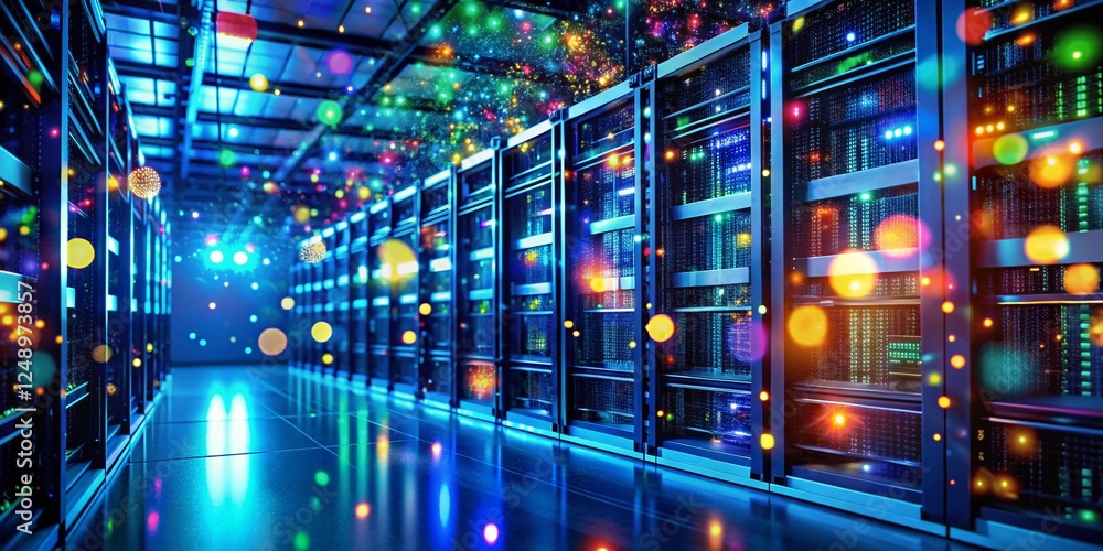 Poster bokeh lights network server room: digital communication & internet data center