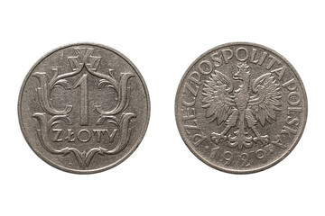 Coin 1 Zloty 1929. Coin of Poland. Coin 1 zloty 1929. Obverse and Reverse on white background. Obverse Crowned eagle above date