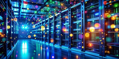 Bokeh Lights Network Server Room: Digital Communication & Internet Data Center