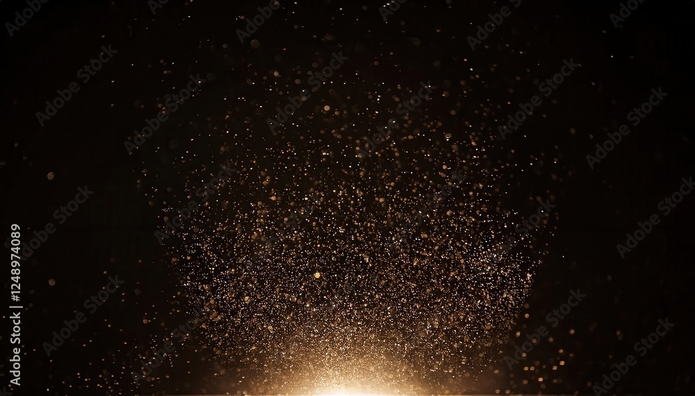 Poster gold dust particles floating in dark background for luxury, festive, and abstract design elements or
