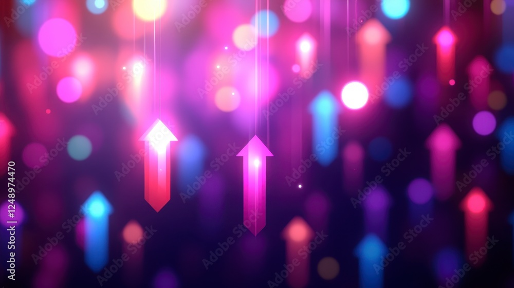 Poster abstract graphic design with upward pointing arrows in vibrant colors against a bokeh background. ar
