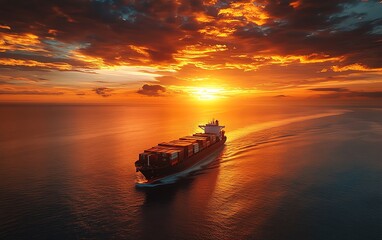 Fototapeta premium Cargo ship sailing under a sunset sky, symbolizing cybersecurity securing maritime logistics, bright sunset colors, hightech digital security aura