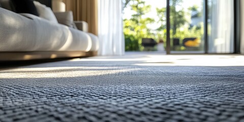 A patterned rug partially visible in a blurred living room setting