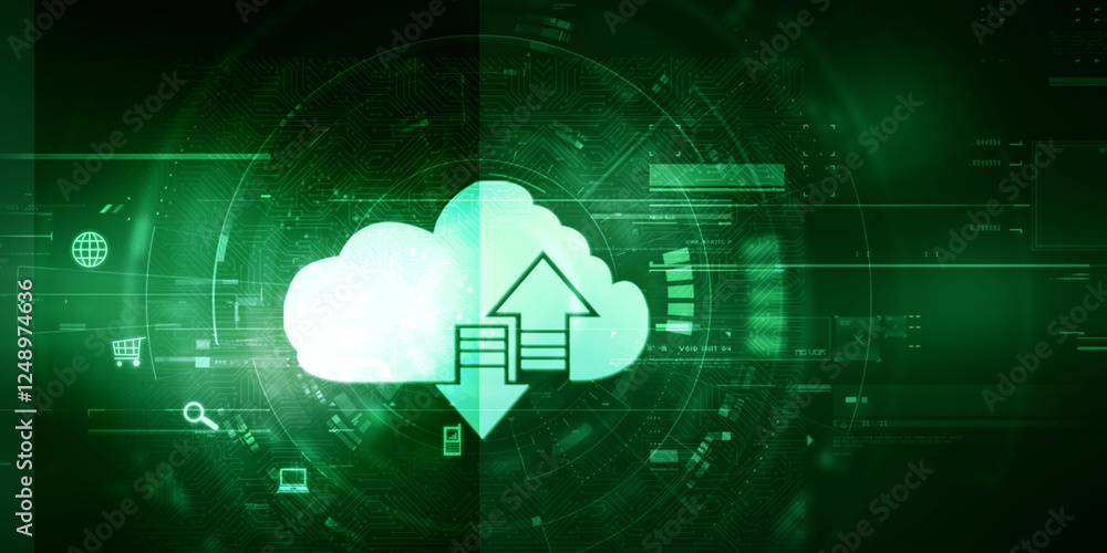 Poster 2d illustration uploading downloading arrow with cloud
