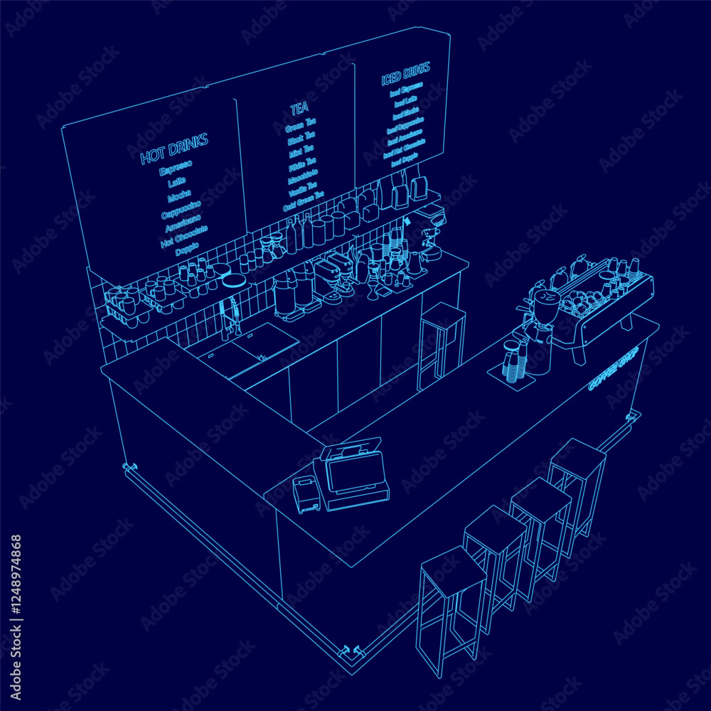 Poster a blue drawing of a bar with a counter and stools.
