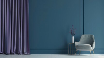 Minimalist living room with a blue wall. a purple curtain. and a grey armchair. with a side table and vase with flowers