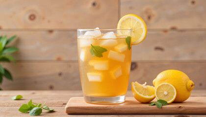 Fototapeta premium Refreshing iced tea with lemon slices on wooden table, minimalism
