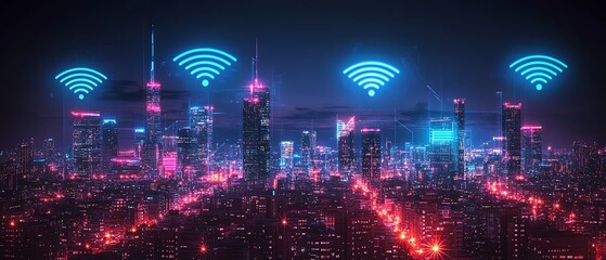Naklejka premium Futuristic city with a vast digital network and prominent wifi signals, representing seamless smart city connectivity, ultramodern buildings, vibrant neon glow