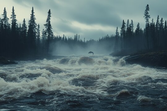 Salmon leaping through rushing river waters surrounded by dense forest under an overcast sky