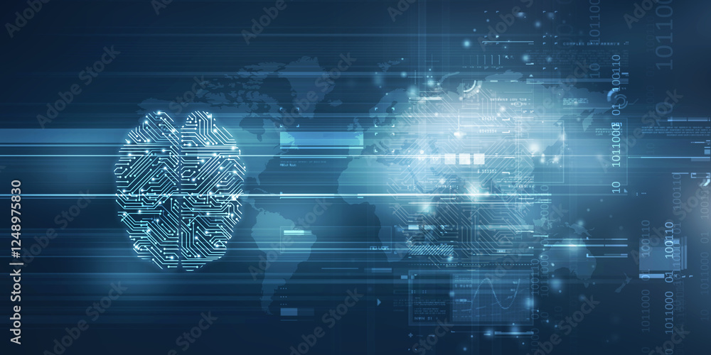 Poster 2d illustration concept of thinking, background with brain, abstract artificial intelligence. techno
