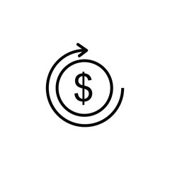 Dollar coin money and arrow icon, concept icon design in black line art style, Cash back sign, Vector illustration